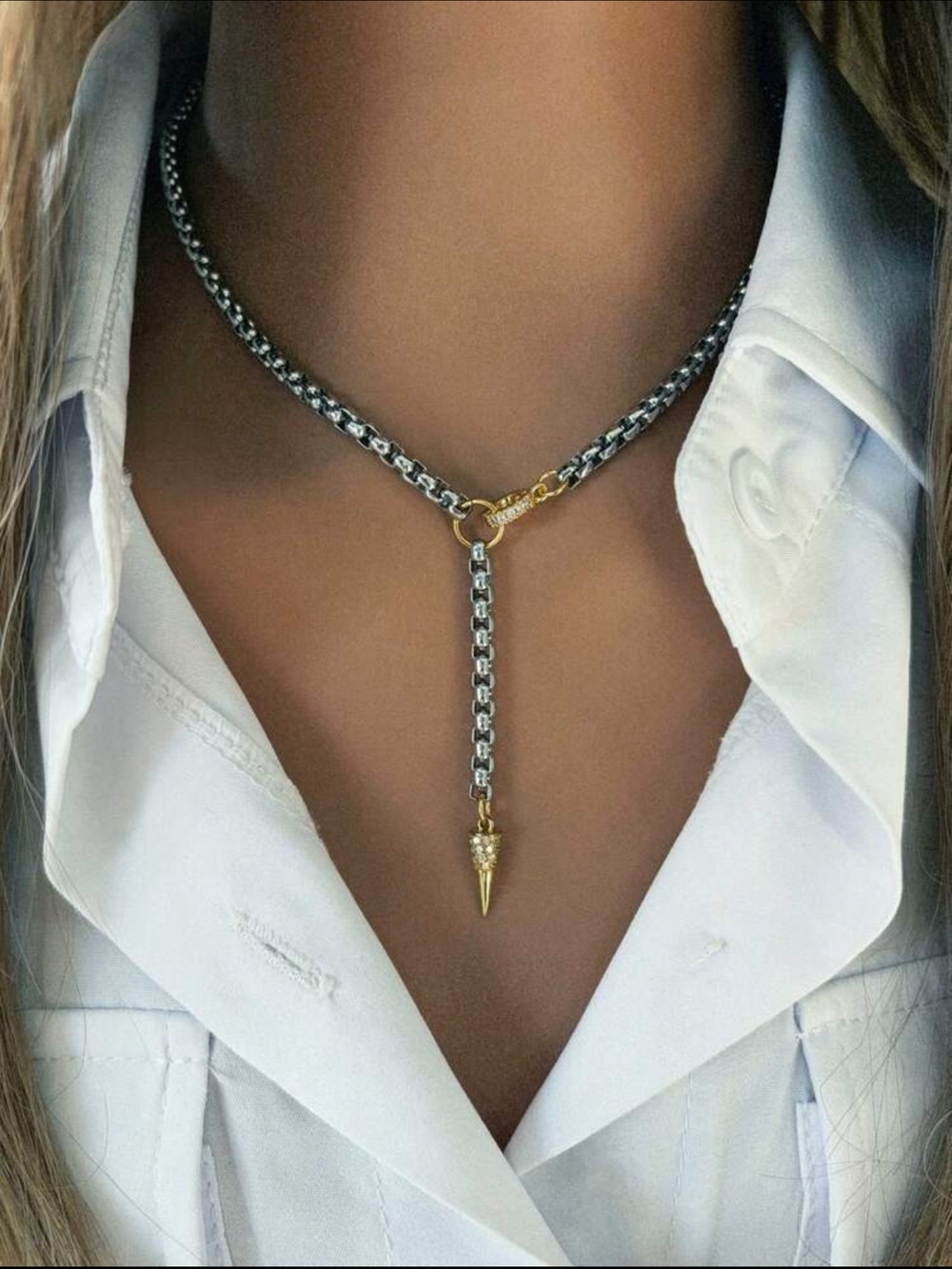 Modern Two Tone Box Chain Drop Necklace